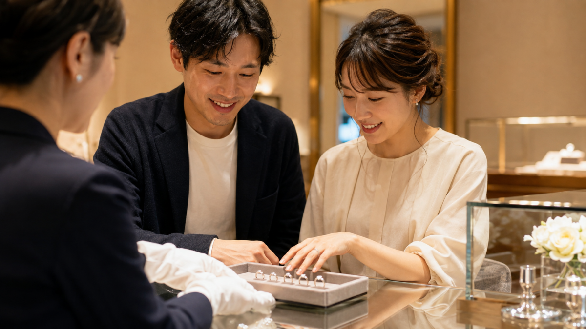 婚約指輪をジュエリー店で相談する日本人カップル
