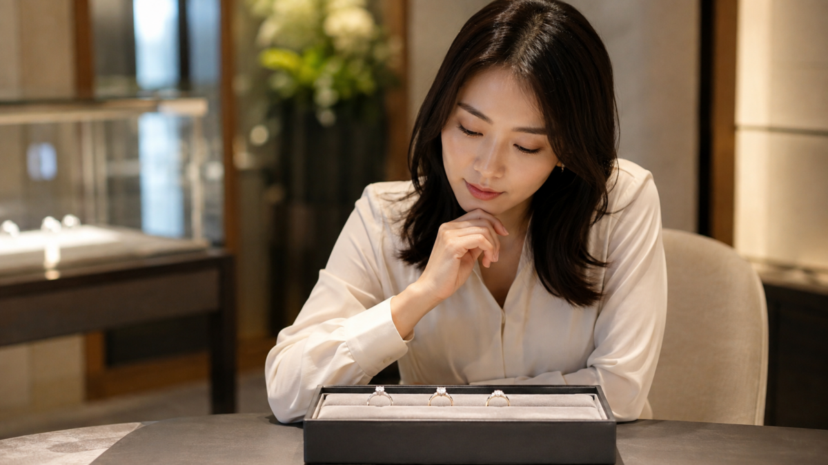 複数の婚約指輪を比較しながら慎重に選ぶ日本人女性